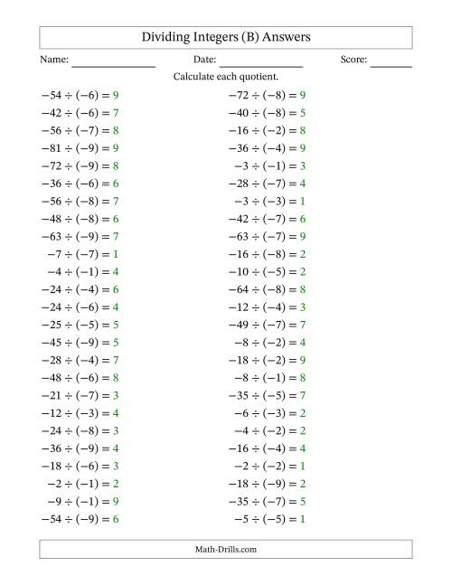 The Dividing Negative by Negative Integers from -9 to 9 (50 Questions) (B) Math Worksheet Page 2