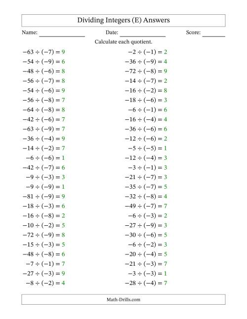 The Dividing Negative by Negative Integers from -9 to 9 (50 Questions) (E) Math Worksheet Page 2