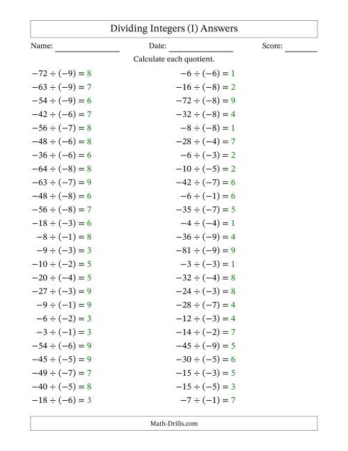 The Dividing Negative by Negative Integers from -9 to 9 (50 Questions) (I) Math Worksheet Page 2