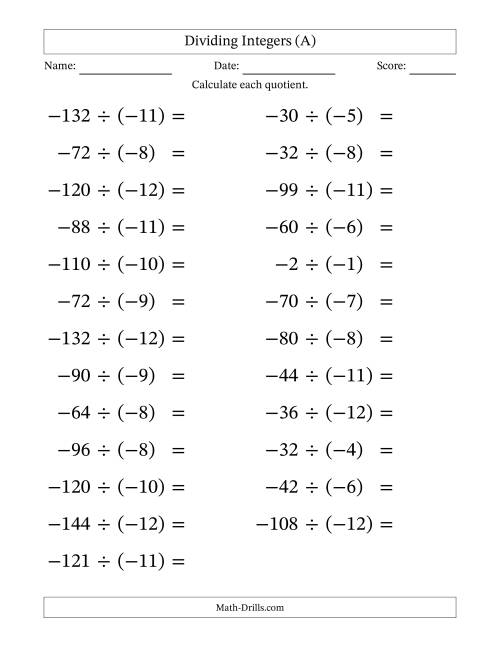 The Dividing Negative by Negative Integers from -12 to 12 (25 Questions; Large Print) (A) Math Worksheet