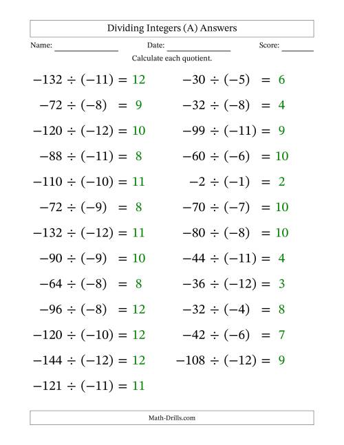 The Dividing Negative by Negative Integers from -12 to 12 (25 Questions; Large Print) (A) Math Worksheet Page 2