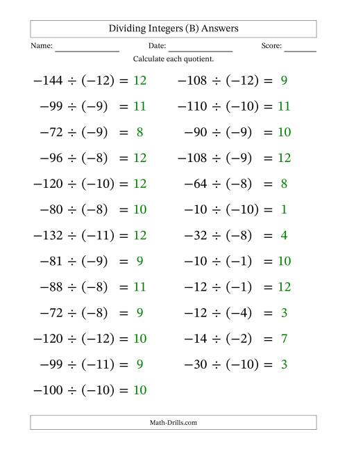 The Dividing Negative by Negative Integers from -12 to 12 (25 Questions; Large Print) (B) Math Worksheet Page 2
