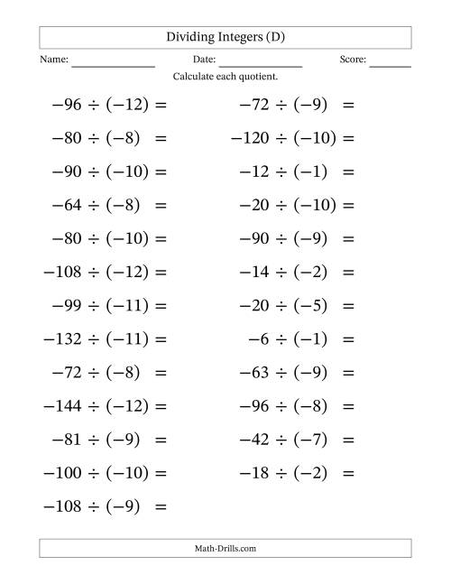 The Dividing Negative by Negative Integers from -12 to 12 (25 Questions; Large Print) (D) Math Worksheet