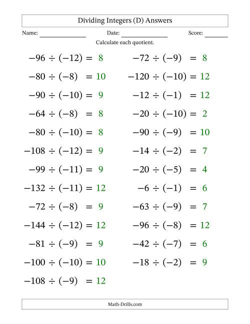 The Dividing Negative by Negative Integers from -12 to 12 (25 Questions; Large Print) (D) Math Worksheet Page 2