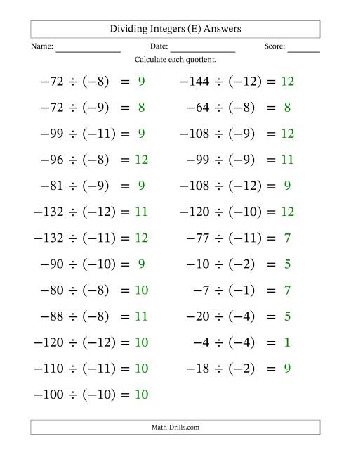 The Dividing Negative by Negative Integers from -12 to 12 (25 Questions; Large Print) (E) Math Worksheet Page 2
