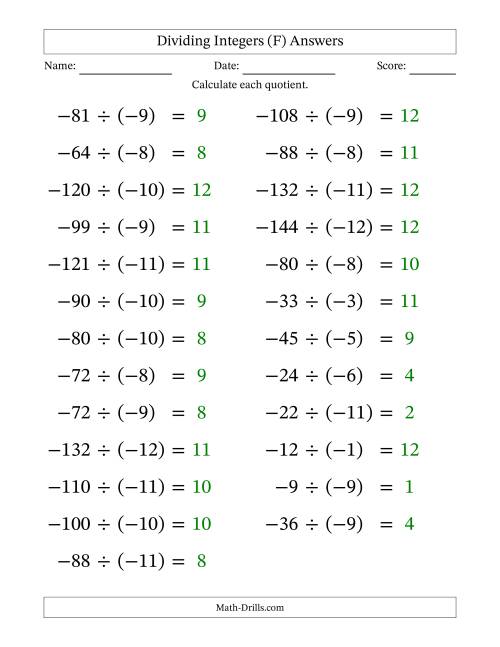 The Dividing Negative by Negative Integers from -12 to 12 (25 Questions; Large Print) (F) Math Worksheet Page 2