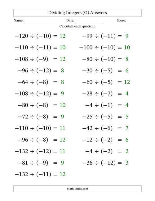 The Dividing Negative by Negative Integers from -12 to 12 (25 Questions; Large Print) (G) Math Worksheet Page 2