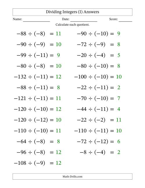 The Dividing Negative by Negative Integers from -12 to 12 (25 Questions; Large Print) (I) Math Worksheet Page 2