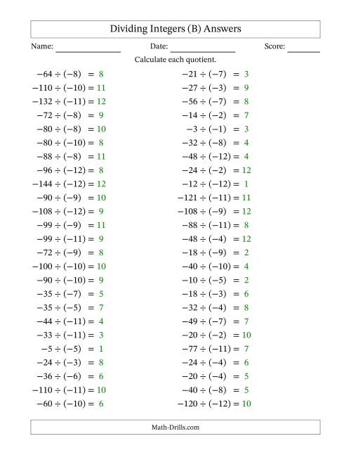 The Dividing Negative by Negative Integers from -12 to 12 (50 Questions) (B) Math Worksheet Page 2