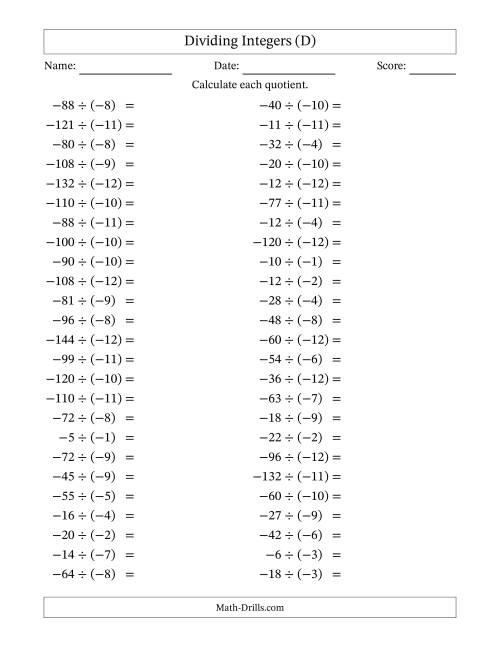 The Dividing Negative by Negative Integers from -12 to 12 (50 Questions) (D) Math Worksheet