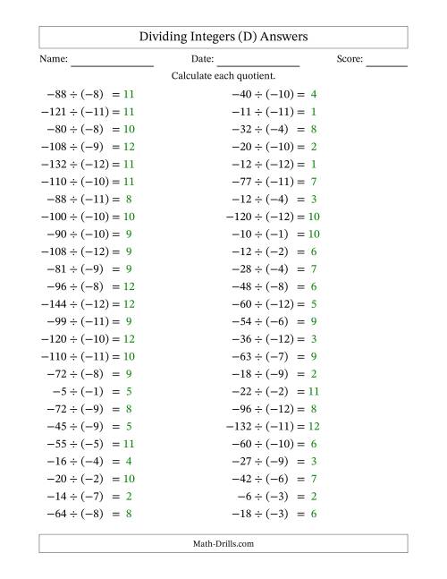 The Dividing Negative by Negative Integers from -12 to 12 (50 Questions) (D) Math Worksheet Page 2