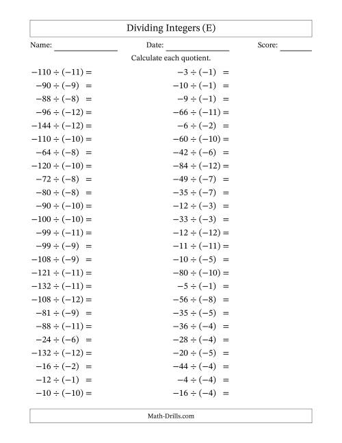 The Dividing Negative by Negative Integers from -12 to 12 (50 Questions) (E) Math Worksheet