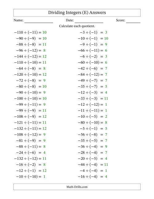 The Dividing Negative by Negative Integers from -12 to 12 (50 Questions) (E) Math Worksheet Page 2