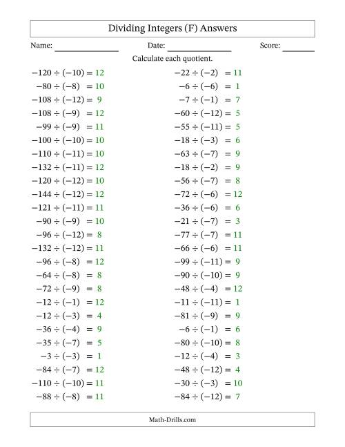 The Dividing Negative by Negative Integers from -12 to 12 (50 Questions) (F) Math Worksheet Page 2