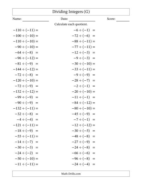 The Dividing Negative by Negative Integers from -12 to 12 (50 Questions) (G) Math Worksheet