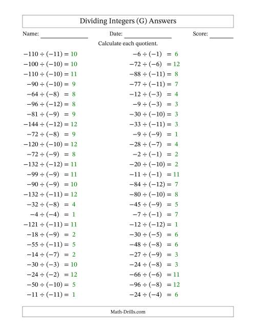 The Dividing Negative by Negative Integers from -12 to 12 (50 Questions) (G) Math Worksheet Page 2