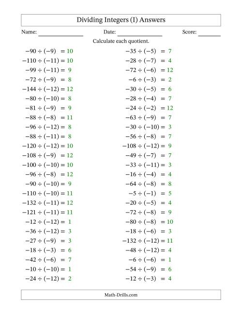 The Dividing Negative by Negative Integers from -12 to 12 (50 Questions) (I) Math Worksheet Page 2