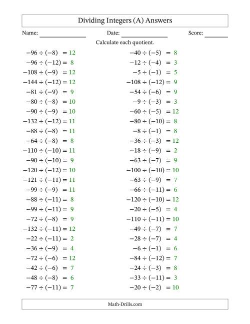The Dividing Negative by Negative Integers from -12 to 12 (50 Questions) (All) Math Worksheet Page 2
