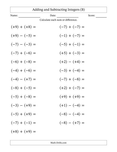 The Adding and Subtracting Mixed Integers from -9 to 9 (25 Questions; Large Print; All Parentheses) (B) Math Worksheet