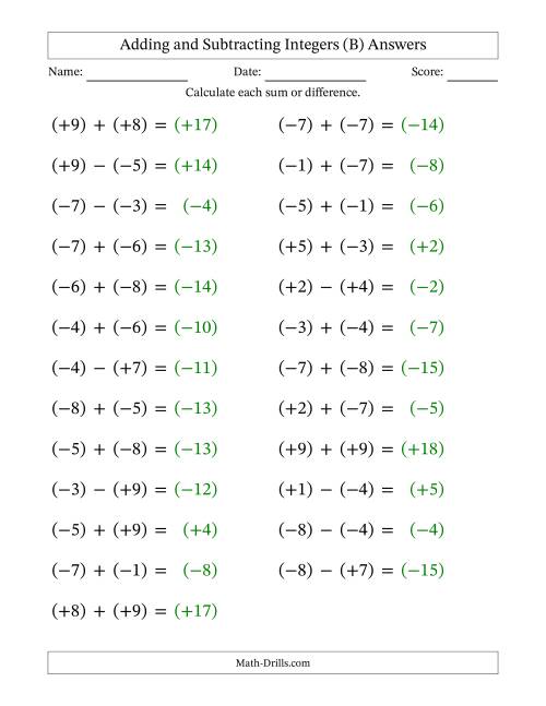 The Adding and Subtracting Mixed Integers from -9 to 9 (25 Questions; Large Print; All Parentheses) (B) Math Worksheet Page 2