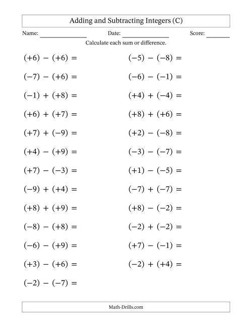 The Adding and Subtracting Mixed Integers from -9 to 9 (25 Questions; Large Print; All Parentheses) (C) Math Worksheet