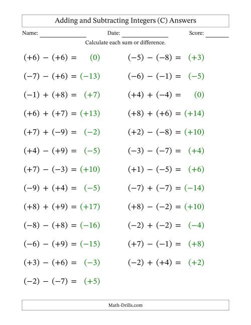 The Adding and Subtracting Mixed Integers from -9 to 9 (25 Questions; Large Print; All Parentheses) (C) Math Worksheet Page 2