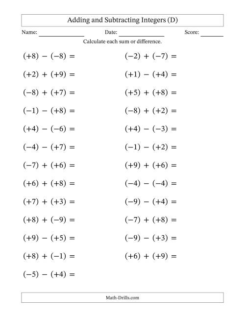 The Adding and Subtracting Mixed Integers from -9 to 9 (25 Questions; Large Print; All Parentheses) (D) Math Worksheet