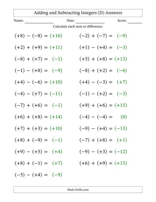 The Adding and Subtracting Mixed Integers from -9 to 9 (25 Questions; Large Print; All Parentheses) (D) Math Worksheet Page 2