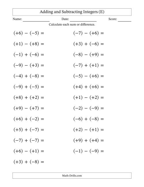 The Adding and Subtracting Mixed Integers from -9 to 9 (25 Questions; Large Print; All Parentheses) (E) Math Worksheet