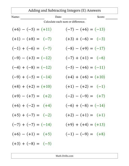 The Adding and Subtracting Mixed Integers from -9 to 9 (25 Questions; Large Print; All Parentheses) (E) Math Worksheet Page 2