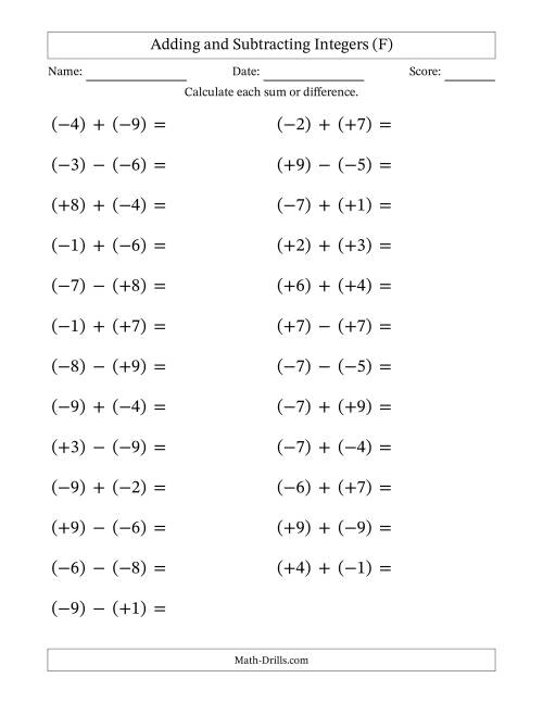The Adding and Subtracting Mixed Integers from -9 to 9 (25 Questions; Large Print; All Parentheses) (F) Math Worksheet