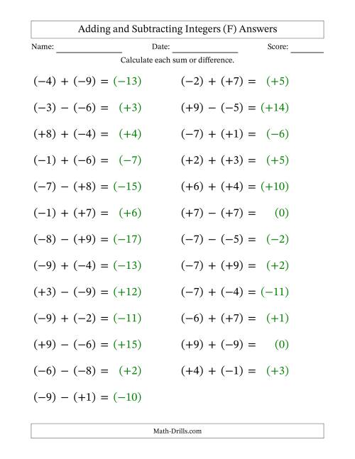The Adding and Subtracting Mixed Integers from -9 to 9 (25 Questions; Large Print; All Parentheses) (F) Math Worksheet Page 2