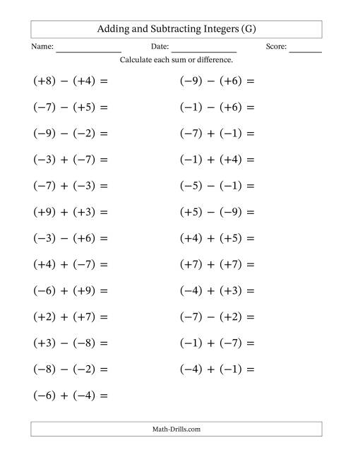 The Adding and Subtracting Mixed Integers from -9 to 9 (25 Questions; Large Print; All Parentheses) (G) Math Worksheet
