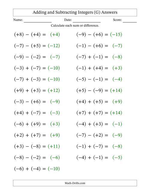The Adding and Subtracting Mixed Integers from -9 to 9 (25 Questions; Large Print; All Parentheses) (G) Math Worksheet Page 2