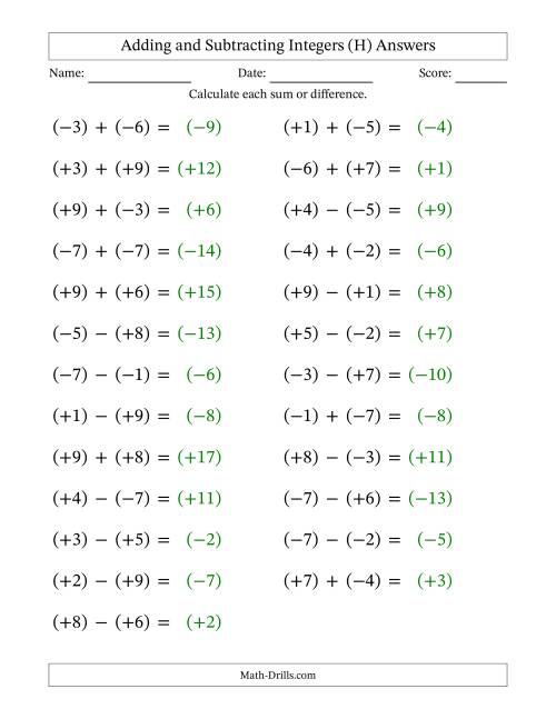 The Adding and Subtracting Mixed Integers from -9 to 9 (25 Questions; Large Print; All Parentheses) (H) Math Worksheet Page 2