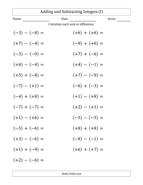 The Adding and Subtracting Mixed Integers from -9 to 9 (25 Questions; Large Print; All Parentheses) (I) Math Worksheet