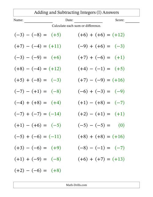 The Adding and Subtracting Mixed Integers from -9 to 9 (25 Questions; Large Print; All Parentheses) (I) Math Worksheet Page 2