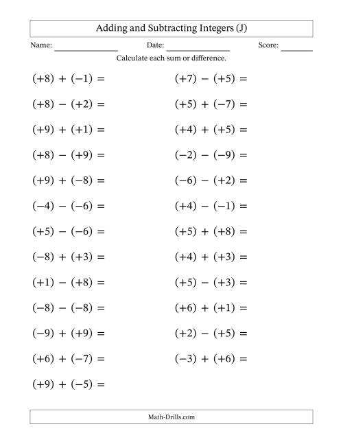 The Adding and Subtracting Mixed Integers from -9 to 9 (25 Questions; Large Print; All Parentheses) (J) Math Worksheet