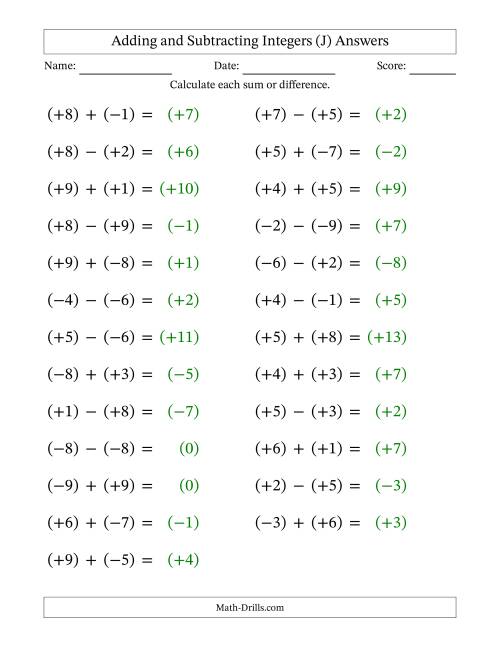 The Adding and Subtracting Mixed Integers from -9 to 9 (25 Questions; Large Print; All Parentheses) (J) Math Worksheet Page 2