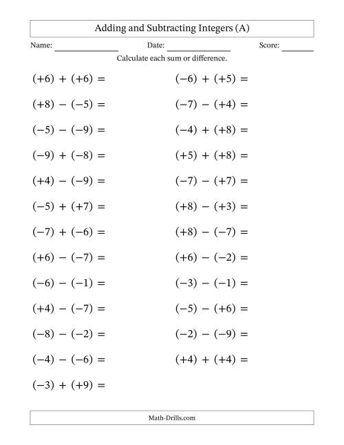 The Adding and Subtracting Mixed Integers from -9 to 9 (25 Questions; Large Print; All Parentheses) (All) Math Worksheet