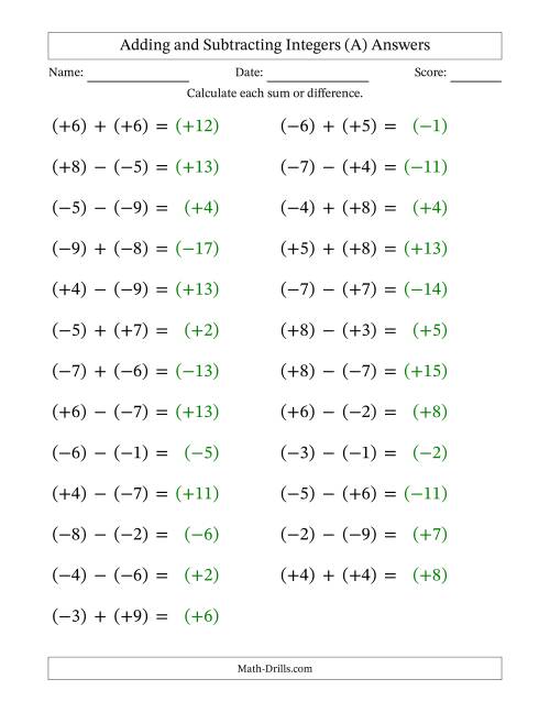 The Adding and Subtracting Mixed Integers from -9 to 9 (25 Questions; Large Print; All Parentheses) (All) Math Worksheet Page 2