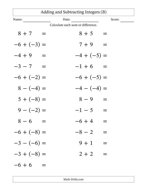 The Adding and Subtracting Mixed Integers from -9 to 9 (25 Questions; Large Print) (B) Math Worksheet