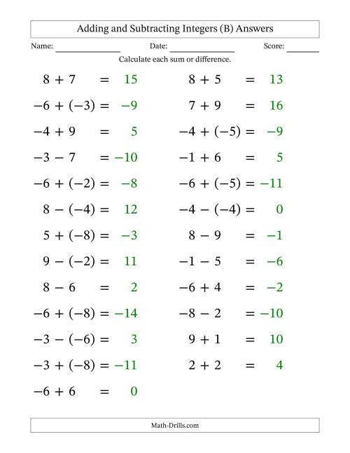 The Adding and Subtracting Mixed Integers from -9 to 9 (25 Questions; Large Print) (B) Math Worksheet Page 2