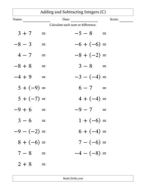 The Adding and Subtracting Mixed Integers from -9 to 9 (25 Questions; Large Print) (C) Math Worksheet