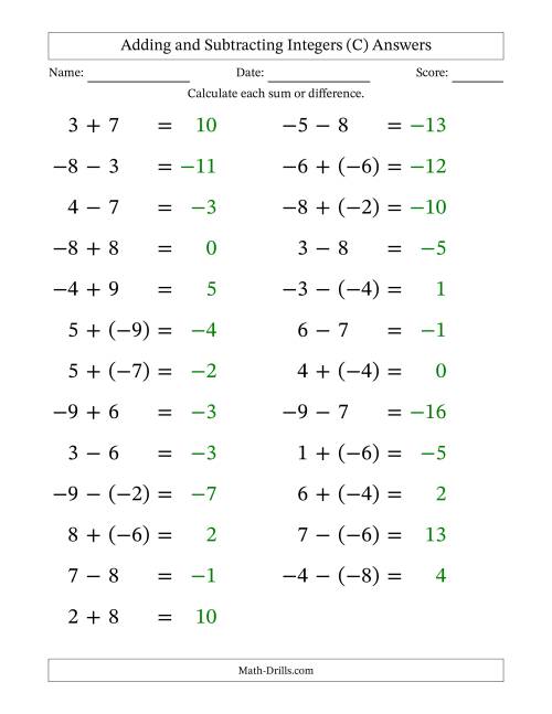 The Adding and Subtracting Mixed Integers from -9 to 9 (25 Questions; Large Print) (C) Math Worksheet Page 2