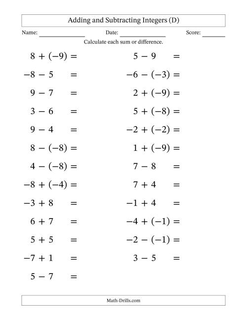 The Adding and Subtracting Mixed Integers from -9 to 9 (25 Questions; Large Print) (D) Math Worksheet