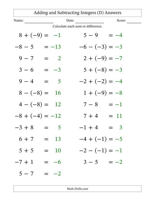 The Adding and Subtracting Mixed Integers from -9 to 9 (25 Questions; Large Print) (D) Math Worksheet Page 2
