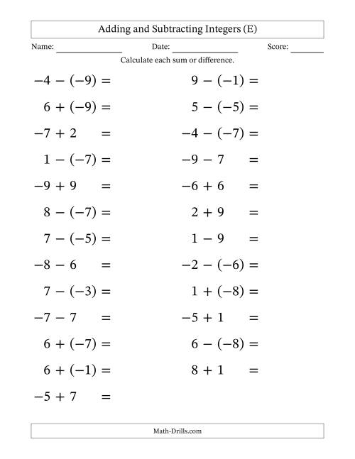 The Adding and Subtracting Mixed Integers from -9 to 9 (25 Questions; Large Print) (E) Math Worksheet