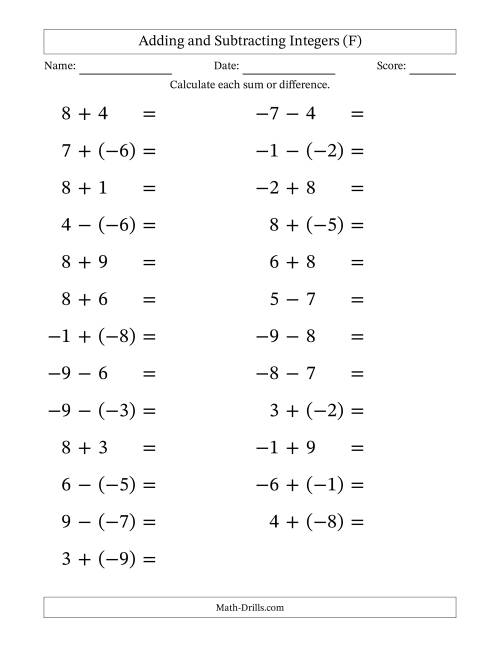 The Adding and Subtracting Mixed Integers from -9 to 9 (25 Questions; Large Print) (F) Math Worksheet