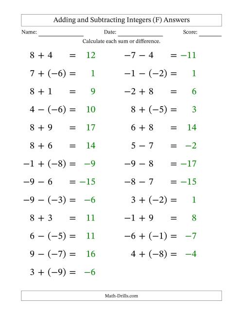 The Adding and Subtracting Mixed Integers from -9 to 9 (25 Questions; Large Print) (F) Math Worksheet Page 2